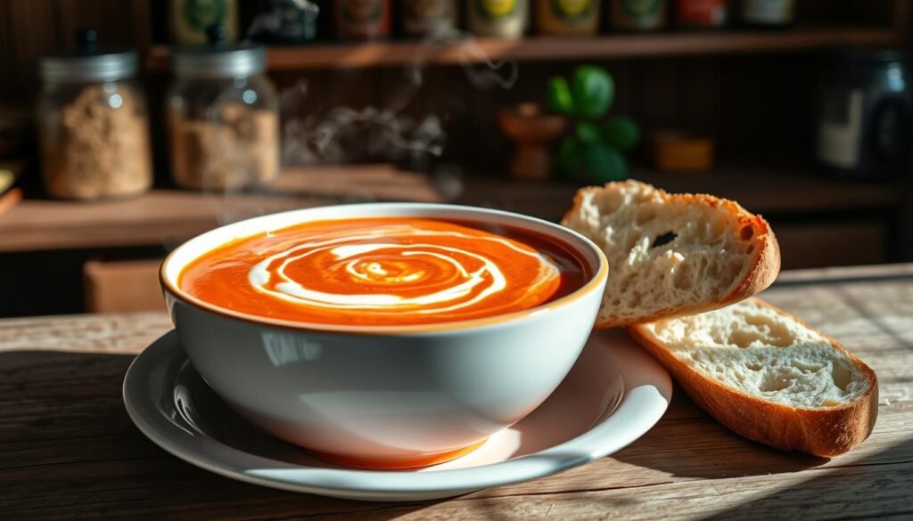 A steaming bowl of creamy tomato soup, the rich hue of ripe San Marzano tomatoes glistening under the soft, diffused light. Swirls of heavy cream float atop, their velvety texture inviting a spoonful. Alongside, a crusty baguette slice, its golden-brown crust contrasting with the soup's silky smoothness. The scene is set against a backdrop of a cozy, rustic kitchen, with wooden shelves displaying jars of herbs and spices. Soft shadows play across the table, creating a sense of warmth and comfort, a classic creamy soup recipe that feels like a velvety indulgence.