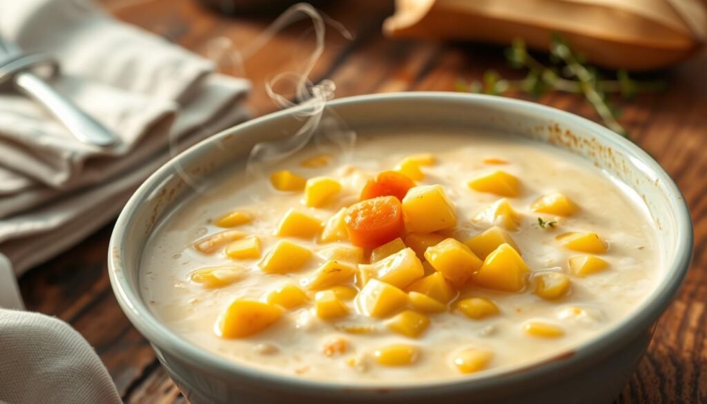 A steaming bowl of homemade corn chowder, creamy and rich with coconut milk, set against a rustic wooden table. In the foreground, tender kernels of golden corn mingle with diced potatoes, carrots, and onions, simmered to perfection in a savory broth. Wispy tendrils of steam rise from the bowl, hinting at the comforting warmth within. The scene is bathed in soft, natural lighting, casting a cozy glow and accentuating the vibrant colors of the ingredients. In the background, a simple yet elegant setting, with a linen napkin and a sprig of fresh thyme, completes the inviting tableau.