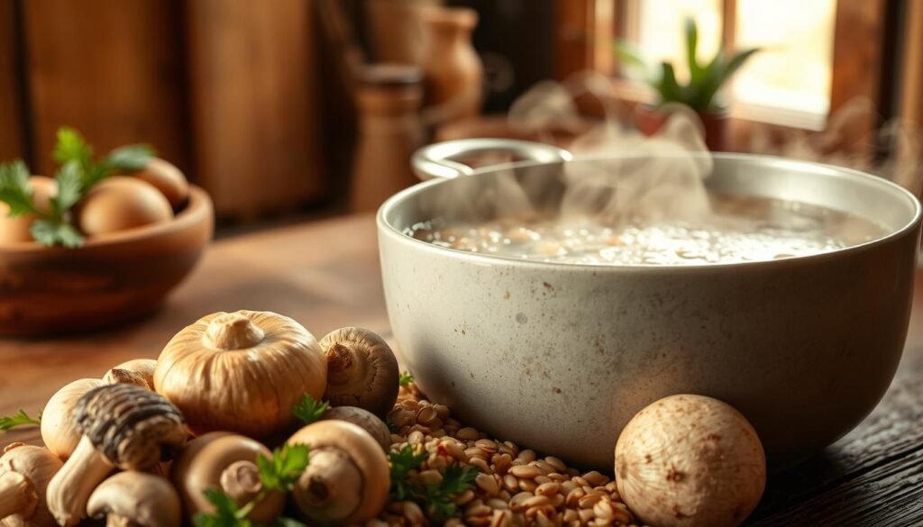 A steaming bowl of homemade mushroom barley soup, set against a warm, cozy kitchen backdrop. In the foreground, an assortment of fresh mushrooms, earthy and fragrant, alongside whole barley grains and fresh herbs. The middle ground showcases a simmering pot, its surface glistening with delicate bubbles, the steam rising in wispy curls. The background features a rustic wooden table, with natural light filtering in through a nearby window, casting a soft, golden glow over the scene. The overall atmosphere is one of comfort and nourishment, inviting the viewer to savor the hearty, satisfying aroma and texture of this nourishing vegetarian delight.