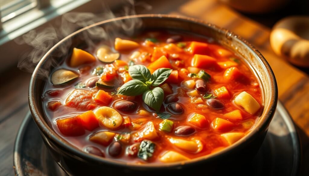 A steaming bowl of minestrone soup, with a rich, tomato-based broth teeming with a medley of tender vegetables - carrots, celery, onions, and zucchini. Tossed in are vibrant kidney beans, tender pasta shells, and a sprinkling of fresh basil leaves. The soup is illuminated by warm, natural lighting, casting a cozy glow over the scene. The camera captures the dish from a high angle, showcasing the depth and texture of the soup. The overall atmosphere is one of comfort and nourishment, inviting the viewer to imagine the hearty, satisfying flavors of this classic vegetarian dish.