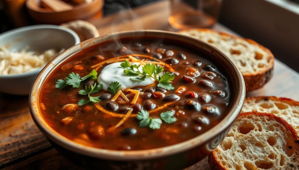 A steaming bowl of spicy black bean soup, its rich, dark broth bubbling with aromatic spices. In the foreground, the soup is garnished with a vibrant swirl of fresh cilantro, a dollop of tangy sour cream, and a sprinkle of sharp cheddar cheese. The middle ground features a rustic wooden table, with crusty slices of warm artisan bread ready to be dipped into the flavorful soup. The background is softly blurred, hinting at a cozy, dimly lit kitchen, the hint of a window letting in the golden glow of the setting sun. The overall mood is comforting, inviting, and perfect for a chilly autumn evening.