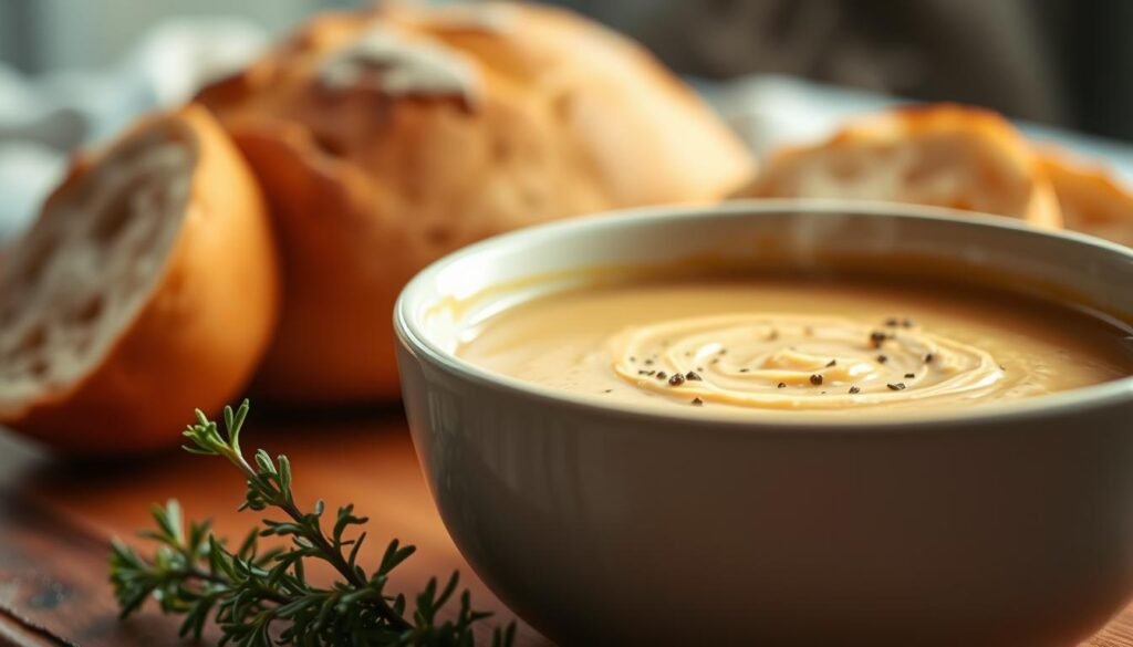 A steaming bowl of thick, creamy gluten-free soup takes center stage, its velvety texture and rich, savory aroma filling the frame. In the foreground, a sprig of fresh thyme and a sprinkle of cracked black pepper add a touch of rustic elegance. The middle ground features a partially visible loaf of crusty gluten-free bread, its golden crust inviting a hearty dip. The background is softly blurred, creating a sense of cozy, intimate dining. Warm, diffused lighting casts a gentle glow, highlighting the soup's silky consistency and the bread's inviting texture. The overall mood is one of comforting indulgence, perfect for a dietary-conscious yet satisfying meal.