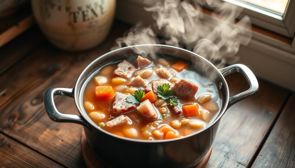 A steaming pot of classic ham bone soup sits on a rustic wooden table, illuminated by soft natural light filtering through a window. The broth glistens with rich, savory flavors, infused with the smoky essence of the ham bone. Tender chunks of ham, vibrant vegetables like carrots, celery, and onions, and hearty beans or lentils float in the simmering liquid. The scene exudes a comforting, homey atmosphere, inviting the viewer to imagine the satisfying, time-honored flavors of this timeless dish. A pinch of fresh parsley adds a final touch of color and herbaceous aroma.