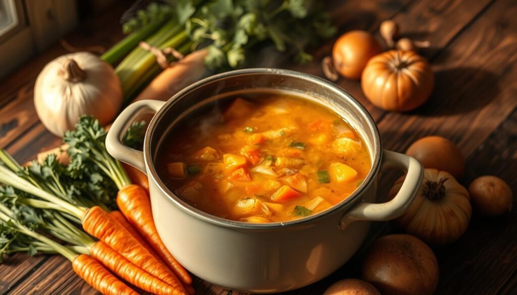 A steaming pot of homemade classic vegetable soup on a rustic wooden table, surrounded by fresh carrots, celery, onions, and potatoes. Warm lighting casts a cozy glow, highlighting the rich, velvety broth and tender vegetables. The scene evokes the comfort and nostalgia of a nourishing, timeless dish, perfect for a chilly day. The composition is balanced, with the soup as the focal point, and the supporting ingredients providing visual interest and context. The overall atmosphere is inviting and wholesome, reflecting the heartwarming essence of this classic vegetable soup recipe.