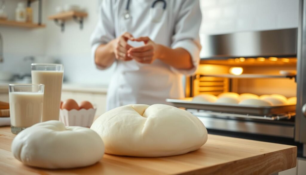 A step-by-step visual guide to making Japanese milk bread, or shokupan, showcased in a bright, airy kitchen setting. The foreground features neatly arranged ingredients - soft, pillowy dough, a glass of milk, a stick of butter, and a few eggs. In the middle ground, a baker's hands knead the dough on a clean, wooden surface, their movements captured in graceful detail. The background showcases the baking process, with a steel baking tray sliding into a professional-grade oven, emitting a warm, golden glow. The overall mood is one of calm, methodical precision, inviting the viewer to recreate this quintessential Japanese comfort food at home. A step-by-step visual guide to making Japanese milk bread, or shokupan, showcased in a bright, airy kitchen setting. The foreground features neatly arranged ingredients - soft, pillowy dough, a glass of milk, a stick of butter, and a few eggs. In the middle ground, a baker's hands knead the dough on a clean, wooden surface, their movements captured in graceful detail. The background showcases the baking process, with a steel baking tray sliding into a professional-grade oven, emitting a warm, golden glow. The overall mood is one of calm, methodical precision, inviting the viewer to recreate this quintessential Japanese comfort food at home.