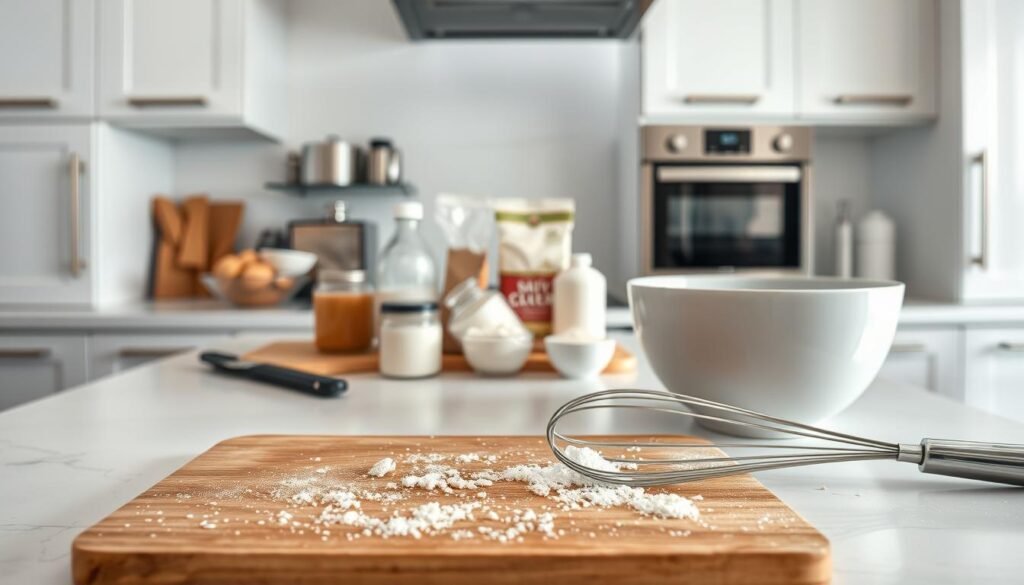A sterile, well-lit kitchen counter with stainless steel appliances. In the foreground, a cutting board with crumbs and traces of flour, representing unintended cross-contamination. Beside it, a clean mixing bowl and whisk, symbolizing the careful preparation of allergen-free desserts. The middle ground features various baking ingredients, such as gluten-free flour, sugar, and dairy-free milk, neatly organized to convey a sense of control and diligence. The background showcases a sleek, modern oven and pristine kitchen cabinets, creating an atmosphere of professionalism and food safety.