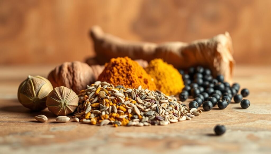A still life arrangement of five essential Indian spices against a warm, earthy background. In the foreground, a collection of whole cardamom pods, cumin seeds, turmeric root, coriander seeds, and black peppercorns, each item artfully arranged with natural lighting highlighting their vibrant colors and textures. The middle ground features a rustic wooden surface, perhaps a cutting board or table, providing a grounded, organic setting. In the background, a subtle play of soft, diffused light, giving the scene an inviting, kitchen-ready atmosphere. The overall composition conveys the idea of these spices as the foundation of authentic Indian cuisine, ready to be discovered and incorporated into the cook's repertoire. A still life arrangement of five essential Indian spices against a warm, earthy background. In the foreground, a collection of whole cardamom pods, cumin seeds, turmeric root, coriander seeds, and black peppercorns, each item artfully arranged with natural lighting highlighting their vibrant colors and textures. The middle ground features a rustic wooden surface, perhaps a cutting board or table, providing a grounded, organic setting. In the background, a subtle play of soft, diffused light, giving the scene an inviting, kitchen-ready atmosphere. The overall composition conveys the idea of these spices as the foundation of authentic Indian cuisine, ready to be discovered and incorporated into the cook's repertoire.