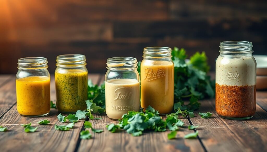 A stylish wooden table with a rustic charm, showcasing an array of homemade kale salad dressings. The foreground features a variety of glass jars filled with vibrant, creamy dressings, such as a tangy lemon-herb vinaigrette, a rich and nutty tahini-based dressing, and a zesty balsamic-infused option. In the middle ground, freshly chopped kale leaves are scattered, hinting at the salad ingredients. The background is softly lit, with a warm, natural glow accentuating the earthy tones of the wood and the vibrant colors of the dressings. The overall composition conveys a sense of homemade, wholesome goodness, inviting the viewer to imagine the delicious kale salads that can be created with these flavorful dressings.