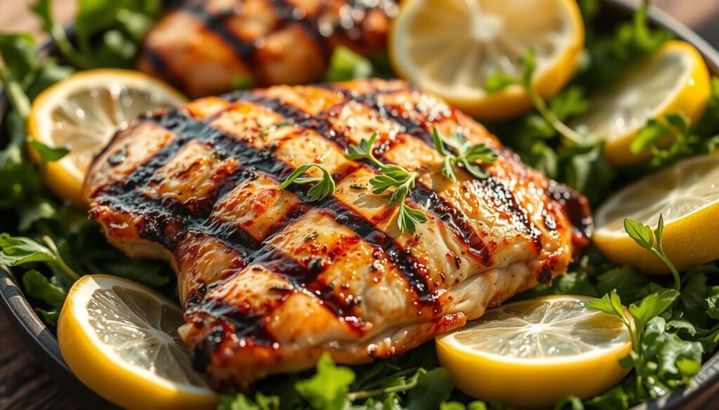 A succulent grilled chicken breast, glistening with a golden-brown sear, nestled on a bed of fresh summer greens. Vibrant herbs and lemon wedges artfully arranged around the juicy meat, their verdant hues and citrus aroma adding a zesty touch. The scene is bathed in warm, natural lighting, with soft shadows accentuating the dish's texture and dimension. The camera captures the image at a slightly elevated angle, showcasing the dish's delectable presentation and the inviting, al fresco atmosphere of a summer kitchen. This mouthwatering image embodies the essence of essential summer chicken cooking techniques, highlighting the perfect balance of flavor, texture, and seasonal freshness. A succulent grilled chicken breast, glistening with a golden-brown sear, nestled on a bed of fresh summer greens. Vibrant herbs and lemon wedges artfully arranged around the juicy meat, their verdant hues and citrus aroma adding a zesty touch. The scene is bathed in warm, natural lighting, with soft shadows accentuating the dish's texture and dimension. The camera captures the image at a slightly elevated angle, showcasing the dish's delectable presentation and the inviting, al fresco atmosphere of a summer kitchen. This mouthwatering image embodies the essence of essential summer chicken cooking techniques, highlighting the perfect balance of flavor, texture, and seasonal freshness.