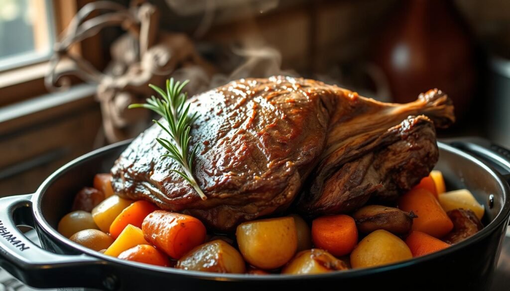 A succulent slow-cooked roast beef sits atop a bed of tender vegetables, glistening in the warm, natural lighting of a rustic kitchen. The rich, earthy aroma fills the air as steam gently rises from the dish. The roast is fork-tender, its juices mingling with the caramelized onions, carrots, and potatoes surrounding it. A sprig of fresh rosemary adds a touch of herbaceous fragrance, while a heavy, cast-iron Dutch oven gives the scene a timeless, homely feel. The overall mood is one of comfort, nourishment, and the satisfaction of a classic, slow-simmered Sunday supper.