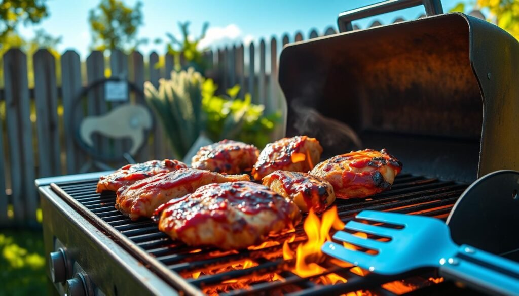 A summertime outdoor grilling scene with perfectly seared and charred BBQ chicken breasts and thighs sizzling over an open flame. The grill is set against a backdrop of lush greenery, with a weathered wooden fence and a clear blue sky overhead. The scene is illuminated by warm, golden natural lighting, creating a cozy and inviting atmosphere. The chicken is basted with a rich, tangy BBQ sauce, filling the air with the mouthwatering aroma of smoke and spices. In the foreground, a spatula and tongs lie ready, hinting at the skilled hands of the grill master. This image captures the essence of summer backyard grilling and the delicious possibilities of juicy, flavorful BBQ chicken recipes. A summertime outdoor grilling scene with perfectly seared and charred BBQ chicken breasts and thighs sizzling over an open flame. The grill is set against a backdrop of lush greenery, with a weathered wooden fence and a clear blue sky overhead. The scene is illuminated by warm, golden natural lighting, creating a cozy and inviting atmosphere. The chicken is basted with a rich, tangy BBQ sauce, filling the air with the mouthwatering aroma of smoke and spices. In the foreground, a spatula and tongs lie ready, hinting at the skilled hands of the grill master. This image captures the essence of summer backyard grilling and the delicious possibilities of juicy, flavorful BBQ chicken recipes.