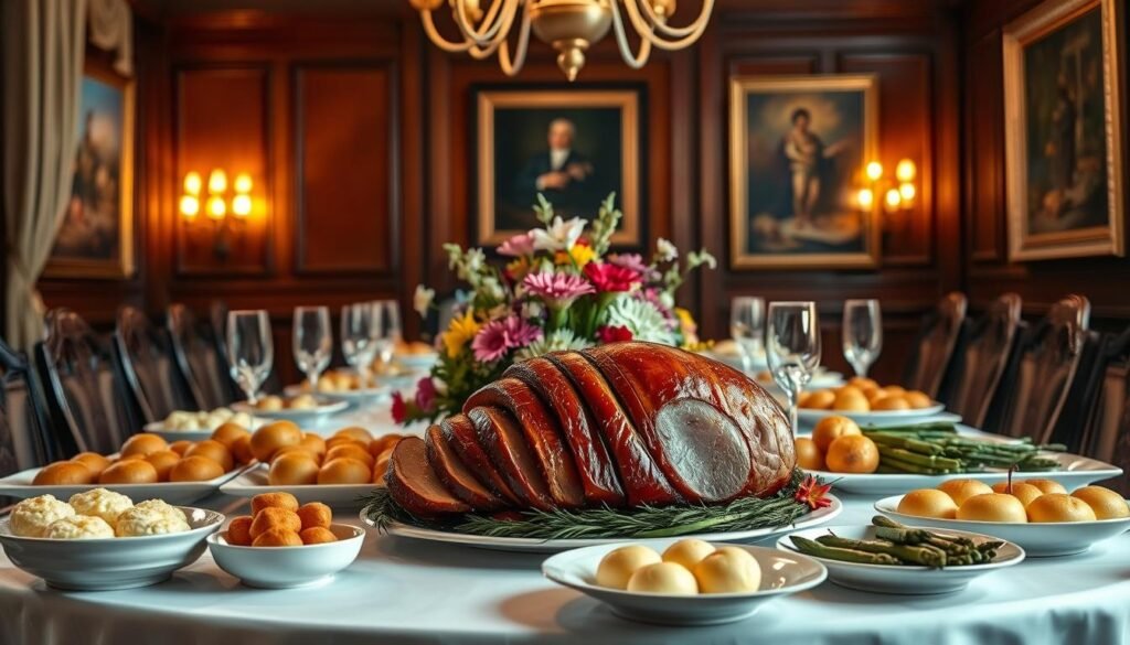 A sumptuous Easter feast set on a formal dining table, illuminated by soft, warm light from a central chandelier. In the foreground, an elegant roasted ham adorned with a glistening glaze, surrounded by carefully arranged side dishes like creamy scalloped potatoes, roasted asparagus, and buttery dinner rolls. The middle ground features a centerpiece of colorful spring flowers, complemented by delicate porcelain serving platters and crystal stemware. The background exudes a refined, luxurious ambiance with rich wood paneling, lush draperies, and refined artwork on the walls, creating an atmosphere of gracious hospitality. A sumptuous Easter feast set on a formal dining table, illuminated by soft, warm light from a central chandelier. In the foreground, an elegant roasted ham adorned with a glistening glaze, surrounded by carefully arranged side dishes like creamy scalloped potatoes, roasted asparagus, and buttery dinner rolls. The middle ground features a centerpiece of colorful spring flowers, complemented by delicate porcelain serving platters and crystal stemware. The background exudes a refined, luxurious ambiance with rich wood paneling, lush draperies, and refined artwork on the walls, creating an atmosphere of gracious hospitality.