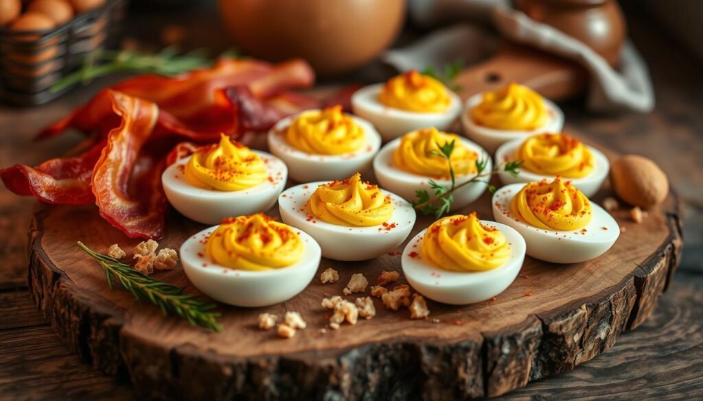 A sumptuous arrangement of deviled eggs presented on a rustic wooden board, captured in warm, natural lighting. The eggs, with their vibrant yellow centers and garnished with paprika, sit alongside an array of breakfast accoutrements - crisp bacon slices, fresh herbs, and a scattering of toasted breadcrumbs. The scene exudes a cozy, homemade ambiance, inviting the viewer to savor this creative take on a classic breakfast staple. The composition is framed by a soft, out-of-focus background, drawing the eye to the delectable centerpiece.