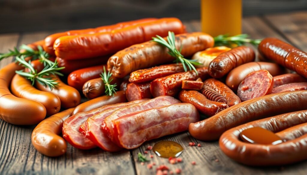 A sumptuous array of international breakfast sausages nestled on a rustic wooden table, captured in soft, natural lighting. In the foreground, plump bratwurst from Germany, juicy merguez from North Africa, and savory longaniza from the Philippines. The middle ground showcases a medley of maple-glazed Canadian bacon, spicy chorizo from Spain, and fragrant lap cheong from China. The background hints at a global culinary landscape, with sprigs of rosemary, crushed red pepper flakes, and a drizzle of honey, creating a harmonious symphony of flavors and textures.
