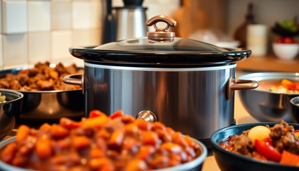 A sumptuous array of international ground beef crockpot dishes, simmering in a warm, inviting kitchen. In the foreground, a hearty chili con carne, its rich, spiced aroma filling the air. Behind it, a fragrant beef bourguignon, tender chunks of meat in a deep, burgundy sauce. In the background, a fragrant Thai red curry, coconut milk and lemongrass mingling with the savory beef. Soft, indirect lighting casts a cozy glow, while a vintage, copper-accented crockpot sits center stage, its contents bubbling with global flavors. The scene evokes a welcoming, multicultural atmosphere, perfect for a delicious "International Ground Beef Crockpot Adventure."
