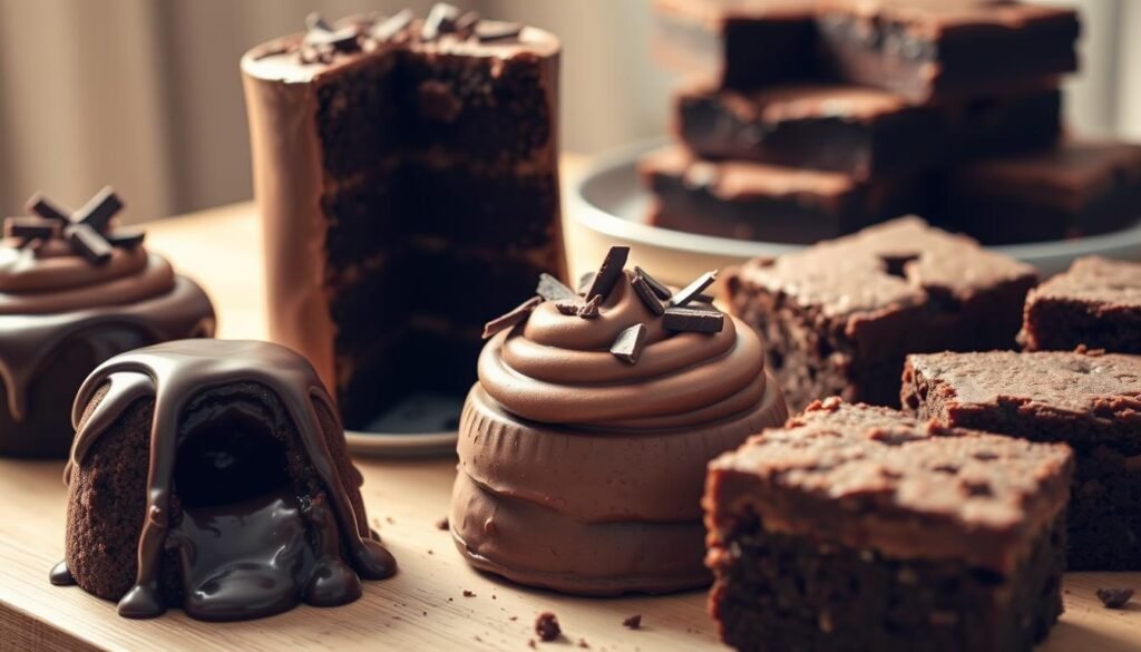 A sumptuous display of gluten-free chocolate desserts, captured in a warm, inviting light. In the foreground, a decadent chocolate lava cake with a molten center, drizzled with rich ganache. Alongside, a creamy, dairy-free chocolate mousse, topped with shaved dark chocolate. In the middle ground, a towering chocolate layer cake, its moist, crumb-free texture showcased in a clean slice. In the background, a platter of fudgy brownies, their edges crisp and their centers gooey. The scene emanates an air of indulgence and inclusivity, inspiring the viewer to savor these allergy-friendly treats without compromise.