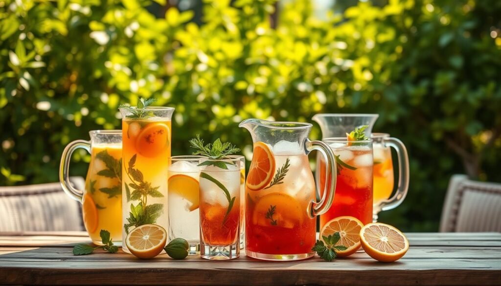A sumptuous display of pitcher cocktails against a backdrop of lush greenery and warm summer light. In the foreground, crystal-clear pitchers brimming with vibrant, refreshing libations - a symphony of citrus, herbs, and ice. Elegant glassware and garnishes create an inviting, Instagram-worthy setup. In the middle ground, a rustic wooden table or counter provides a natural, earthy contrast. The background features verdant foliage, casting a soft, romantic glow over the entire scene. Crisp, high-resolution photography with a shallow depth of field emphasizes the tantalizing textures and colors of these perfectly-mixed batch cocktails, ready to be enjoyed under the summer sun.