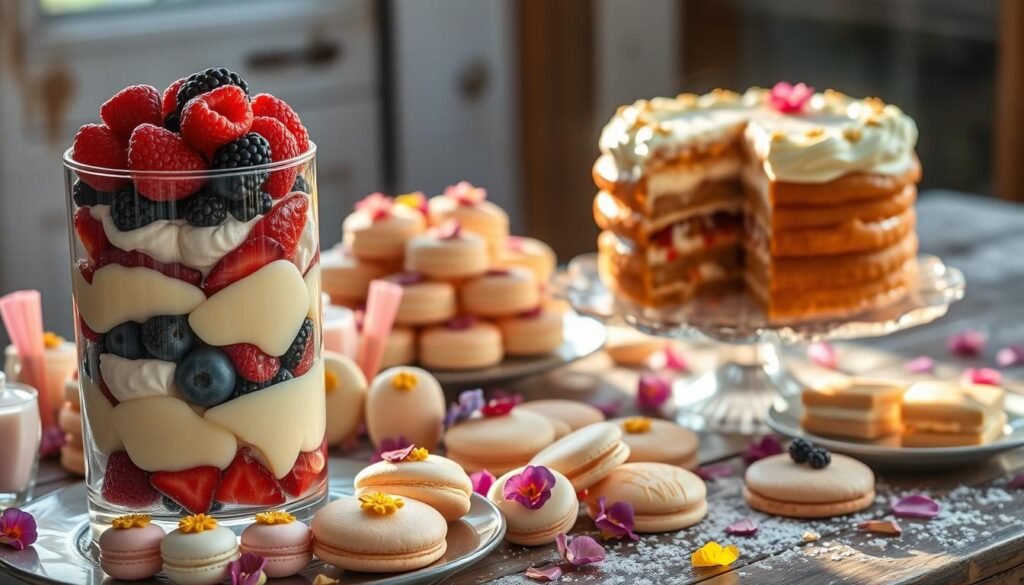 A sumptuous display of traditional summer desserts, bathed in warm, golden light. In the foreground, a towering parfait of luscious berries, creamy custard, and shimmering gelatine. Surrounding it, an array of dainty treats - delicate macarons in pastel hues, flaky baklava drizzled with honey, and buttery shortbread cookies adorned with edible flowers. In the middle ground, a vintage-inspired glass pedestal holds a decadent layered cake, its frosting glistening like satin. The background features a rustic wooden table, with scattered petals and a sprinkling of powdered sugar, evoking the charm of a quaint summer garden party. An atmosphere of indulgence and timeless elegance pervades the scene.