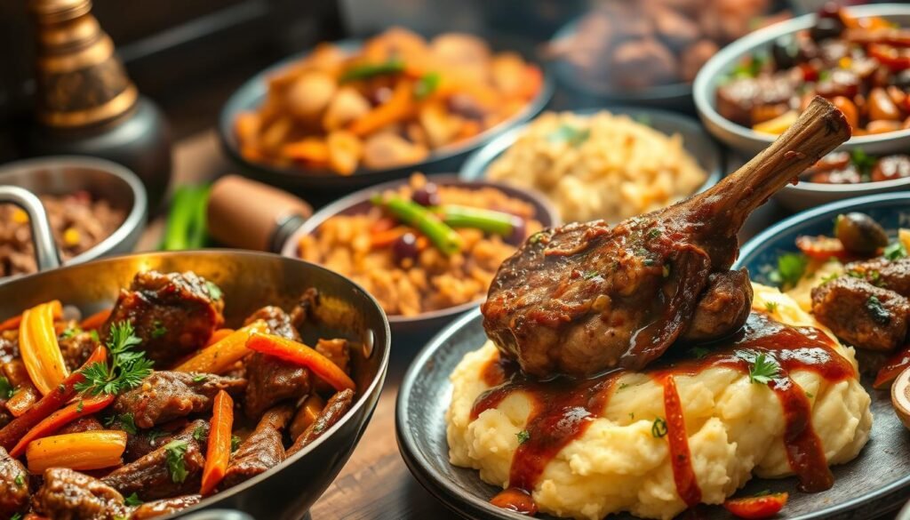 A sumptuous feast of fusion dishes featuring tender, succulent lamb. In the foreground, a vibrant lamb and vegetable stir-fry with fragrant spices and fresh herbs, sizzling in a wok under warm, golden lighting. In the middle ground, a succulent lamb shank slow-cooked to perfection, resting on a bed of creamy mashed potatoes and drizzled with a rich, savory sauce. In the background, a colorful array of fusion-inspired lamb dishes, such as a lamb biryani with basmati rice, aromatic spices, and vibrant vegetables, and a lamb tagine with dried fruits, olives, and fragrant North African seasonings. The scene exudes an atmosphere of culinary innovation, where the comforting familiarity of lamb is elevated and reimagined through diverse global flavors and techniques.