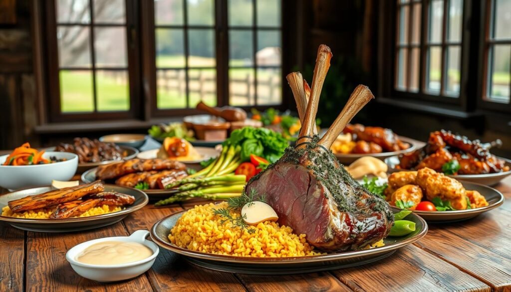 A sumptuous feast of global easter main course delights, captured in a vibrant, high-resolution photograph. In the foreground, a centerpiece of roasted lamb with herb-crusted exterior, plated alongside saffron-infused rice pilaf, grilled asparagus, and a creamy garlic aioli. In the middle ground, an array of diverse dishes - Chinese barbecue pork belly, Mexican tamales, Italian osso buco, and Indian butter chicken - arranged artfully on a rustic wooden table. The background features a window overlooking a lush, spring-time landscape, soft natural light flooding the scene. The atmosphere is one of warmth, abundance, and culinary inspiration from around the world, inviting the viewer to explore these mouthwatering easter main course ideas. A sumptuous feast of global easter main course delights, captured in a vibrant, high-resolution photograph. In the foreground, a centerpiece of roasted lamb with herb-crusted exterior, plated alongside saffron-infused rice pilaf, grilled asparagus, and a creamy garlic aioli. In the middle ground, an array of diverse dishes - Chinese barbecue pork belly, Mexican tamales, Italian osso buco, and Indian butter chicken - arranged artfully on a rustic wooden table. The background features a window overlooking a lush, spring-time landscape, soft natural light flooding the scene. The atmosphere is one of warmth, abundance, and culinary inspiration from around the world, inviting the viewer to explore these mouthwatering easter main course ideas.