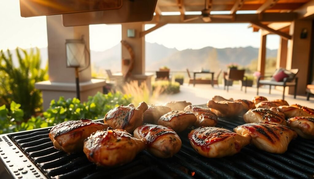 A sumptuous grilled chicken feast on an outdoor grill, bathed in warm golden light and fragrant smoke. In the foreground, juicy chicken thighs and breasts sizzle on grill grates, their skin glistening with a tantalizing char. The middle ground reveals a verdant herb garden, its lush greens providing a vibrant contrast. In the background, a sprawling patio sets the stage, with a stunning mountain vista framing the scene. The overall atmosphere is one of culinary mastery, where the aroma of expertly seasoned, grilled-to-perfection chicken captures the essence of summer al fresco dining.