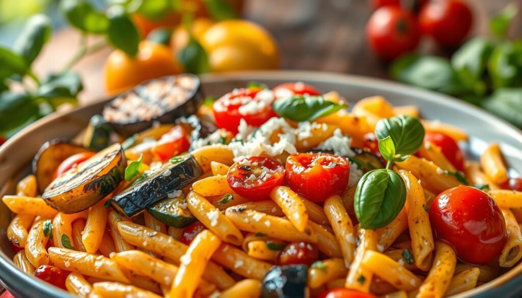 A sumptuous grilled vegetable pasta dish takes center stage, simmering with vibrant summer produce. Grilled zucchini, bell peppers, and eggplant mingle with al dente penne, tossed in a light, herby tomato sauce. Bursts of cherry tomatoes and ribbons of fresh basil add pops of color and flavor, while a light dusting of Parmesan cheese completes the scene. The pasta is illuminated by warm, natural lighting, with a shallow depth of field that draws the eye to the dish's enticing textures and enticing aromas. This vegetable-forward summer pasta promises a delightful and nourishing dining experience.