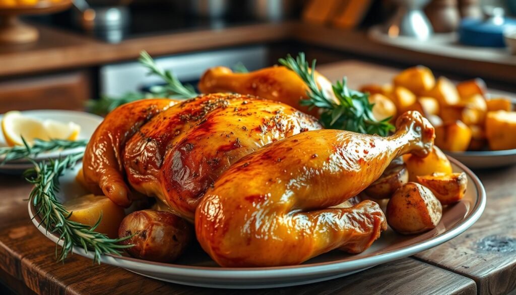 A sumptuous roasted chicken dinner, its crisp golden-brown skin glistening under the warm, soft lighting of a cozy kitchen. Juicy thighs and breasts, seasoned to perfection, arranged on a rustic wooden table alongside roasted potatoes, fresh herbs, and a lemon wedge for garnish. The aroma of rosemary, garlic, and roasted chicken fills the air, creating a welcoming and inviting atmosphere. A classic, comforting meal, ready to be savored and enjoyed.
