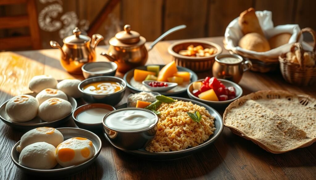 A sumptuous spread of nourishing Indian breakfast items arranged on a rustic wooden table, bathed in warm natural light. In the foreground, there are steaming idli and sambar, fluffy dosa with coconut chutney, and a bowl of creamy yogurt and honey. The middle ground features crisp poha and upma, alongside a platter of fresh fruit like mango, papaya, and pomegranate. In the background, a copper pot of simmering masala chai and a basket of whole-grain breads completes the wholesome scene. The overall mood is one of vibrant colors, inviting aromas, and a feeling of authentic, wholesome sustenance. A sumptuous spread of nourishing Indian breakfast items arranged on a rustic wooden table, bathed in warm natural light. In the foreground, there are steaming idli and sambar, fluffy dosa with coconut chutney, and a bowl of creamy yogurt and honey. The middle ground features crisp poha and upma, alongside a platter of fresh fruit like mango, papaya, and pomegranate. In the background, a copper pot of simmering masala chai and a basket of whole-grain breads completes the wholesome scene. The overall mood is one of vibrant colors, inviting aromas, and a feeling of authentic, wholesome sustenance.
