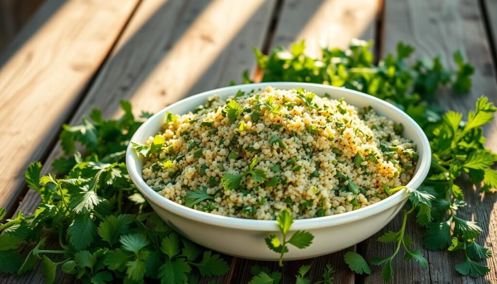 A sun-dappled Caribbean tabouleh salad, brimming with fresh herbs and quinoa. In the foreground, a white ceramic dish overflows with the vibrant green mix, accented by the warm glow of a golden-hour light. Surrounding the dish, a scattering of leafy cilantro, parsley, and mint springs forth, their delicate textures and lively colors dancing in the soft, airy atmosphere. In the background, a weathered wooden table sets the scene, hinting at the rustic, laid-back charm of an island getaway. The overall composition evokes a sense of effortless, nourishing simplicity - a perfect embodiment of the fresh, tropical flavors of the Caribbean.