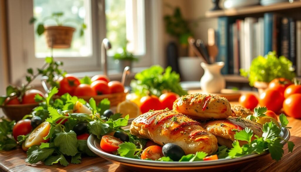 A sun-dappled Mediterranean kitchen, counter laden with vibrant ingredients - ripe tomatoes, fragrant herbs, golden-seared chicken. Warm, soft light filters through an open window, casting a gentle glow on the scene. In the foreground, a platter of perfectly cooked chicken seasoned with zesty lemon, garlic, and aromatic spices. Alongside, a colorful salad of mixed greens, cucumbers, and olives, drizzled with a tangy, verdant vinaigrette. In the background, a bookshelf holds dog-eared cookbooks, hinting at a passionate home cook's culinary journey. The overall mood is one of fresh, healthful abundance, capturing the essence of the Mediterranean diet in a single, inviting image.
