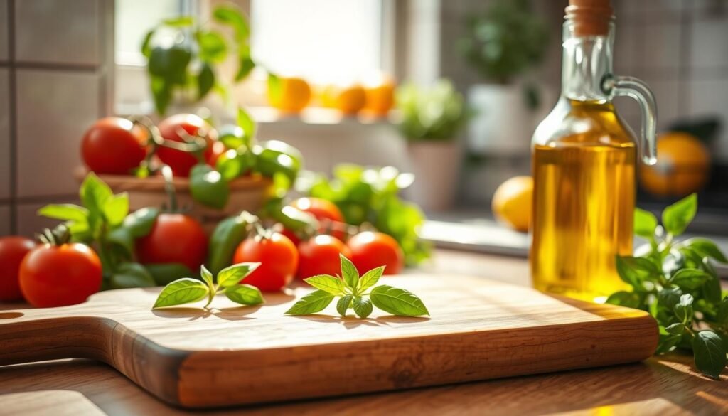 A sun-dappled countertop, adorned with the vibrant hues of summer's bounty - ripe tomatoes, lush basil leaves, and a gleaming glass jar of golden olive oil. In the foreground, a simple wooden cutting board, its worn surface a testament to countless meals prepared with care. Soft, diffused light filters through the window, casting a warm glow over the scene, evoking a sense of calm and contentment. In the background, the silhouettes of fresh herbs and citrus fruits hint at the delicious possibilities that await, as if inviting the viewer to join in the joyful simplicity of easy summer cooking.