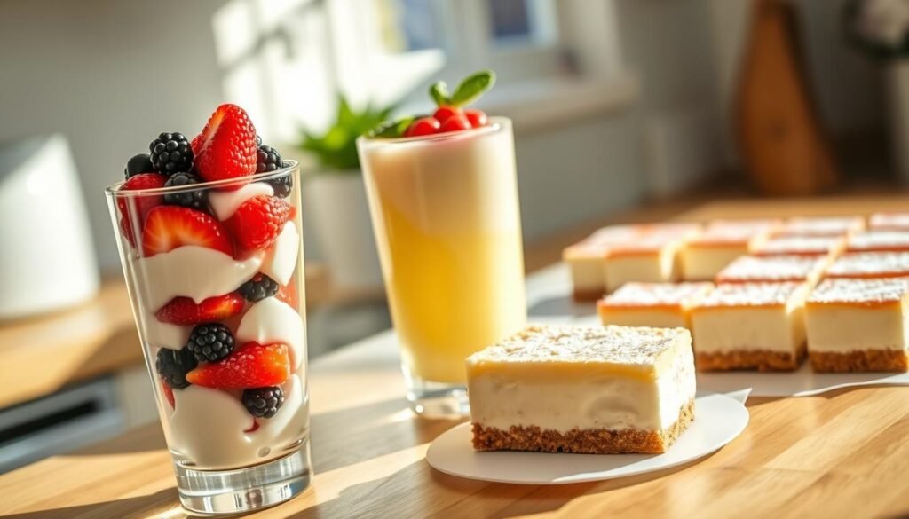 A sun-dappled kitchen counter, adorned with a tempting array of chilled summer desserts. In the foreground, a layered parfait in a clear glass, its vibrant layers of fresh berries, creamy yogurt, and silky custard creating a visually stunning composition. Beside it, a refreshing lime-infused panna cotta, its translucent golden hue glistening under the soft, warm lighting. In the background, a tray of no-bake cheesecake bars, their graham cracker crusts dusted with a light coating of powdered sugar, beckoning to be savored. The overall scene radiates a sense of effortless elegance and the inviting coolness of a summer's day, perfectly capturing the essence of "No-Bake Summer Dessert Mastery". A sun-dappled kitchen counter, adorned with a tempting array of chilled summer desserts. In the foreground, a layered parfait in a clear glass, its vibrant layers of fresh berries, creamy yogurt, and silky custard creating a visually stunning composition. Beside it, a refreshing lime-infused panna cotta, its translucent golden hue glistening under the soft, warm lighting. In the background, a tray of no-bake cheesecake bars, their graham cracker crusts dusted with a light coating of powdered sugar, beckoning to be savored. The overall scene radiates a sense of effortless elegance and the inviting coolness of a summer's day, perfectly capturing the essence of "No-Bake Summer Dessert Mastery".