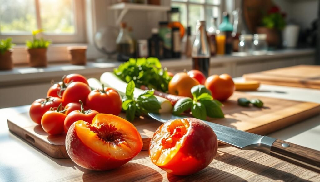 A sun-dappled kitchen counter, adorned with an artful arrangement of locally-sourced summer ingredients: vibrant heirloom tomatoes, crisp zucchini, fragrant basil, and a wooden cutting board. In the foreground, a chef's knife slices through a juicy peach, its amber juices glistening. Filtered light streams in through large windows, casting a warm, golden glow over the scene. In the background, a set of antique jars and bottles holds an array of herbs, spices, and vinegars, hinting at the flavorful dishes to come. The atmosphere is one of mindful preparation, where the beauty and bounty of the season are celebrated through the simple pleasures of cooking.