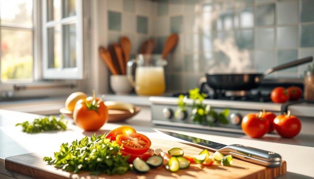 A sun-dappled kitchen counter, filled with fresh produce and simple cooking tools. In the foreground, a cutting board with sliced vegetables, herbs, and a sharp knife at the ready. In the middle ground, a sizzling pan on the stove, steam rising, while a pitcher of lemonade and a few ripe tomatoes add pops of color. The background features an open window, letting in warm summer light and a gentle breeze. The mood is one of easy, breezy relaxation, with the focus on quick, delicious, and healthy meal preparation.