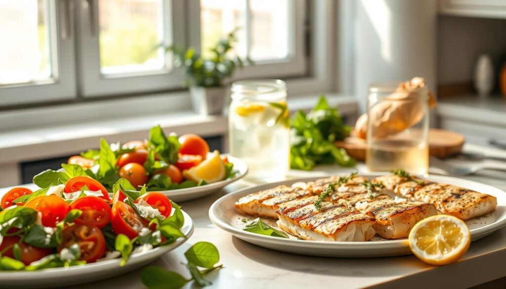 A sun-dappled kitchen counter showcases a feast of seasonal ingredients. In the foreground, a vibrant salad of heirloom tomatoes, fresh basil, and shaved Parmesan. Nearby, a platter of grilled swordfish fillets, their flaky textures accentuated by a drizzle of lemon-garlic herb butter. In the middle ground, a mason jar filled with sparkling lemonade, its ice cubes casting a subtle glow. The background features an open window, allowing warm summer breezes to waft through sheer curtains. Soft, diffused lighting envelops the scene, creating a sense of effortless elegance and culinary mastery.