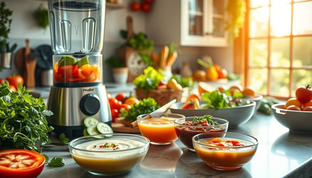 A sun-dappled kitchen countertop, adorned with an array of colorful summer vegetables and herbs. In the foreground, a blender whirs to life, its blades effortlessly blending fresh produce into vibrant, chilled soups. Nearby, a chef's knife deftly slices cucumbers, tomatoes, and bell peppers, their juices cascading into a mixing bowl. The middle ground reveals a selection of chilled soup bowls, their surfaces rippling with swirls of creamy textures and garnishes. In the background, a large window floods the space with warm, golden light, casting a dreamy, summery ambiance. The overall scene conveys the artistry and refreshing nature of cold soup preparation, a celebration of the season's bountiful harvest.