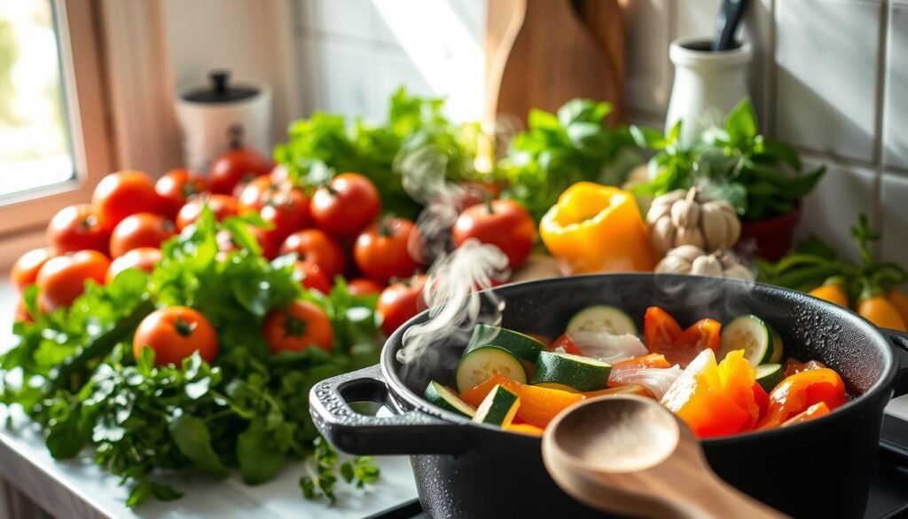 A sun-dappled kitchen countertop, overflowing with fresh summer produce - vibrant tomatoes, crisp greens, and fragrant herbs. In the foreground, a large cast iron pot simmers gently, steam curling upwards. Slices of zucchini, bell peppers, and onions sizzle in the pan, their colors popping against the matte black surface. Soft, diffused lighting filters in through a nearby window, casting a warm, golden glow over the scene. A wooden spoon rests casually on the counter, ready to stir the bubbling one-pot wonder. The overall mood is one of effortless, seasonal simplicity - a celebration of the season's bounty, condensed into a single, nourishing dish.