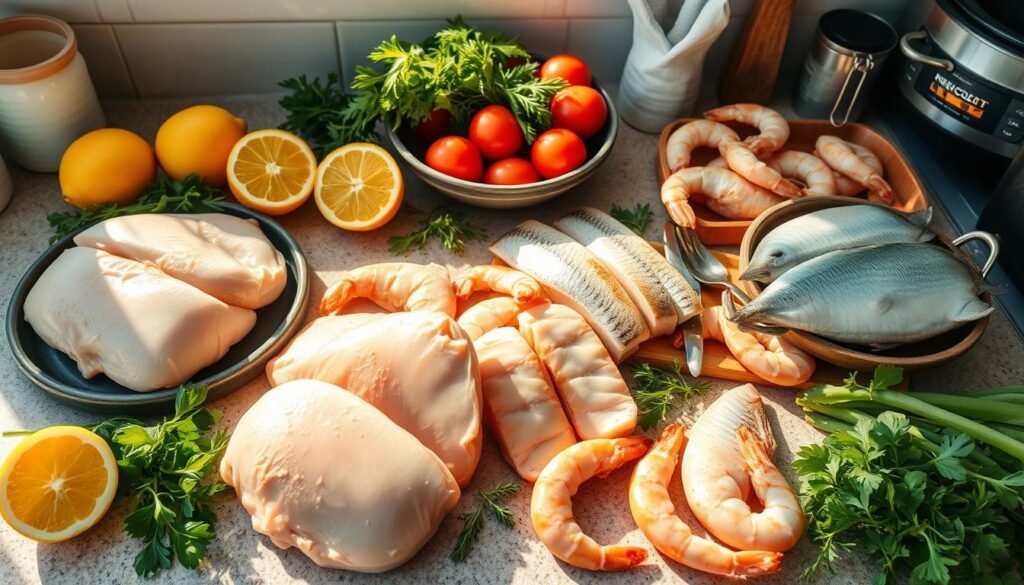 A sun-dappled kitchen countertop overflows with an assortment of fresh, light proteins for the summer slow cooker - succulent chicken breasts, flaky white fish fillets, and juicy shrimp. Earthy herbs, bright citrus wedges, and crisp vegetables surround the proteins, hinting at the flavorful and nourishing meals to come. The scene is bathed in soft, warm lighting, casting a golden glow and creating a welcoming, relaxed atmosphere. The overall mood is one of simplicity, freshness, and the rejuvenating essence of summertime cooking.