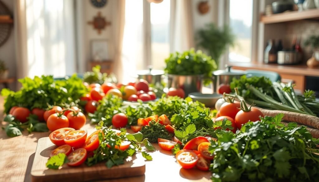 A sun-dappled kitchen table overflows with a seasonal bounty: plump tomatoes, crisp greens, fragrant herbs, and vibrant root vegetables. Natural light filters through sheer curtains, casting a warm glow on the scene. In the foreground, a wooden cutting board displays neatly sliced ingredients, ready to be transformed into a nourishing, flavorful dish. The middle ground showcases a mix of pots and bowls, hinting at the culinary process unfolding. In the background, a glimpse of a window frames the outdoor landscape, connecting the indoor setting to the rhythms of nature. The overall atmosphere is one of fresh, wholesome abundance, inviting the viewer to partake in the joys of seasonal cooking for health.