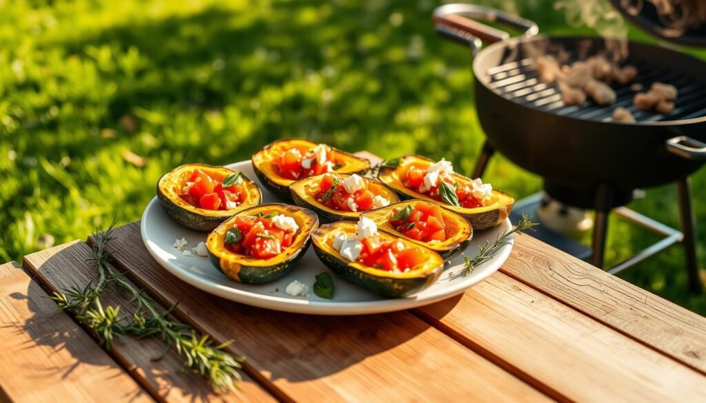A sun-dappled outdoor scene with a wooden table on a lush green lawn. On the table, a platter of grilled zucchini and yellow squash halves, their centers stuffed with a vibrant mixture of diced tomatoes, fresh basil, and crumbled feta cheese. The vegetables are glistening with a light drizzle of olive oil, and a few sprigs of rosemary are scattered around the plate. In the background, a grill is visible, with wisps of fragrant smoke curling up. The lighting is warm and golden, creating a rustic, summertime atmosphere.