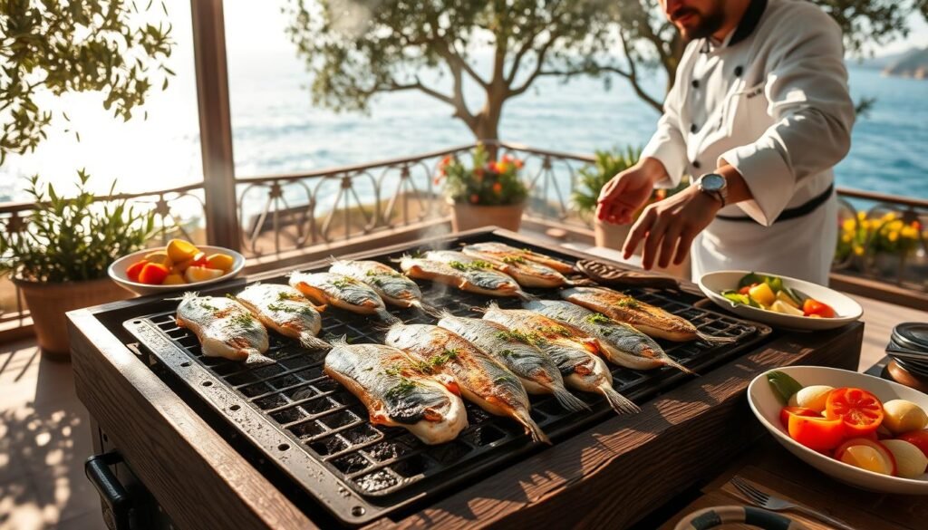 A sun-dappled patio overlooking the ocean, with a rustic wooden grill sizzling with fresh, glistening fish fillets. The aroma of lemon, herbs, and charred skin fills the air, complemented by vibrant side dishes of grilled vegetables and a colorful salad. Dappled shadows from nearby olive trees dance across the scene, creating a warm and inviting Mediterranean mood. The grill is operated by a skilled chef, their movements graceful and practiced, as they tend to the sizzling fish, ensuring each piece is perfectly cooked. The overall composition evokes a sense of seasonal abundance, where the flavors of the sea mingle with the earthy, aromatic elements of the Mediterranean landscape.