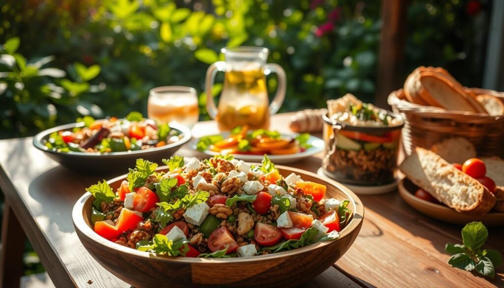 A sun-dappled table on a lush, verdant patio, laden with an array of fresh, vibrant summer salads. In the foreground, a large wooden bowl overflows with a colorful medley of crisp greens, juicy tomatoes, tangy feta, and crunchy nuts, dressed in a light vinaigrette. Behind it, a platter showcases a layered salad with layers of quinoa, roasted vegetables, and a creamy avocado dressing. In the background, a glass pitcher of infused water with sliced fruit and herbs, and a basket of freshly baked artisanal bread, all bathed in warm, golden light, creating a sense of abundance and al fresco dining. The overall scene exudes a casual, yet sophisticated summer vibe. A sun-dappled table on a lush, verdant patio, laden with an array of fresh, vibrant summer salads. In the foreground, a large wooden bowl overflows with a colorful medley of crisp greens, juicy tomatoes, tangy feta, and crunchy nuts, dressed in a light vinaigrette. Behind it, a platter showcases a layered salad with layers of quinoa, roasted vegetables, and a creamy avocado dressing. In the background, a glass pitcher of infused water with sliced fruit and herbs, and a basket of freshly baked artisanal bread, all bathed in warm, golden light, creating a sense of abundance and al fresco dining. The overall scene exudes a casual, yet sophisticated summer vibe.