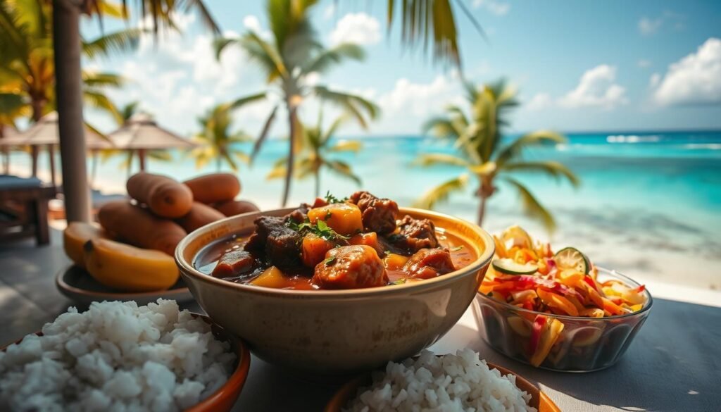 A sun-drenched Caribbean island scene, with a steaming bowl of island beef stew taking center stage. The stew features tender chunks of beef, simmered in a rich, aromatic broth infused with warm spices, coconut milk, and vibrant tropical herbs. Surrounded by a selection of vibrant side dishes - fluffy white rice, fried plantains, and a colorful Caribbean slaw. The table is set against a backdrop of lush palm trees, turquoise waters, and a cloudless azure sky, capturing the essence of comfort and laid-back island living. Soft, diffused lighting casts a golden glow, creating a welcoming and inviting atmosphere. The overall composition evokes a sense of Caribbean culinary tradition and the perfect accompaniment to the hearty, flavorful beef stew.