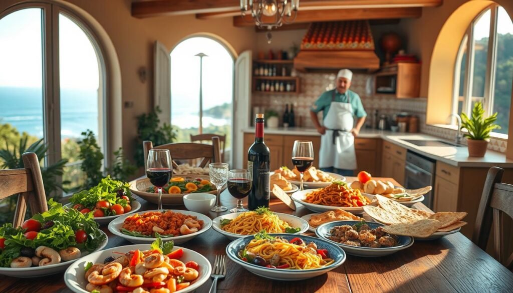 A sun-drenched Mediterranean family dinner scene. In the foreground, a wooden table is laden with a vibrant array of dishes - fresh salads, sizzling seafood, hearty pasta, and crisp flatbreads. Colorful produce, fragrant herbs, and a carafe of deep red wine create a tempting, homemade atmosphere. In the middle ground, an open kitchen with tiled countertops and gleaming appliances, where a chef in a white apron is plating the final touches. Warm, golden lighting filters through wide, arched windows, casting a cozy glow over the entire scene. In the background, glimpses of a seaside view with gentle waves and a terracotta-roofed villa nestled among lush greenery, evoking the classic Mediterranean aesthetic.