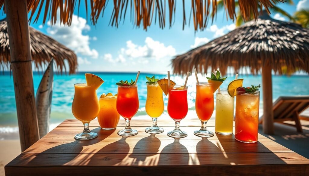 A sun-drenched beach in the Caribbean, crystal-clear turquoise waters lapping at the shore. On a weathered wooden table, an assortment of tropical cocktails with vibrant hues and garnishes. Freshly cut pineapple, lime wedges, and sprigs of mint create a lush, inviting display. Backlit by the golden glow of the setting sun, the drinks cast soft shadows on the table, evoking a sense of relaxation and indulgence. Overhead, a thatched-roof cabana casts dappled shadows, adding to the laid-back, island vibe. In the distance, palm trees sway gently in the warm breeze, completing the quintessential Caribbean holiday scene.