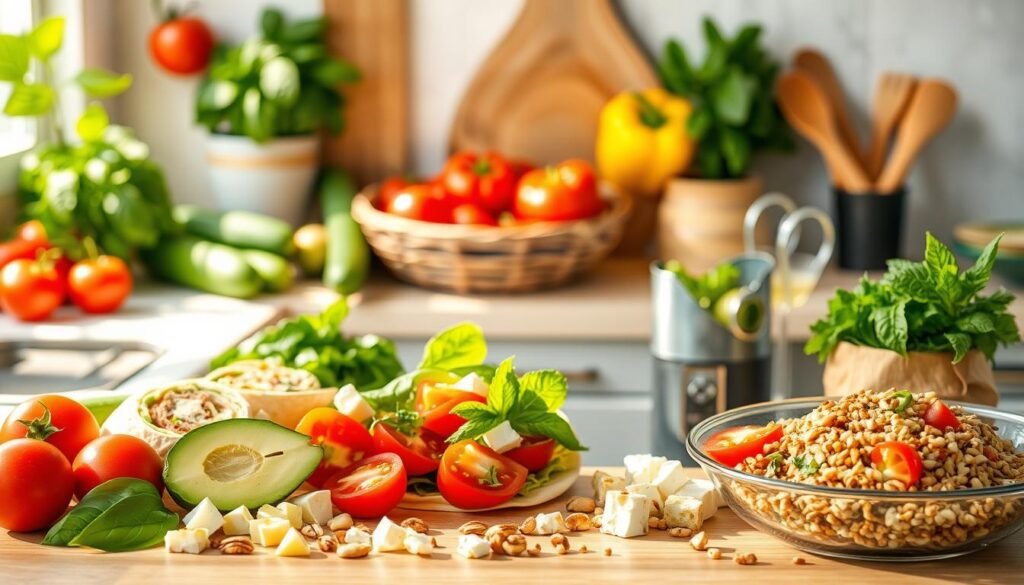 A sun-drenched kitchen counter, adorned with an array of fresh summer produce - juicy tomatoes, crisp cucumbers, fragrant basil, and vibrant bell peppers. In the foreground, an assortment of simple, no-cook ingredients are neatly arranged: creamy avocado slices, tangy feta crumbles, crunchy toasted nuts, and a drizzle of fragrant olive oil. The middle ground features a variety of portable, easy-to-assemble dishes - a refreshing caprese salad, a colorful veggie wrap, and a zesty Mediterranean-inspired quinoa bowl. The background is softly blurred, suggesting a serene, relaxed atmosphere perfect for a quick, nourishing summer dinner.