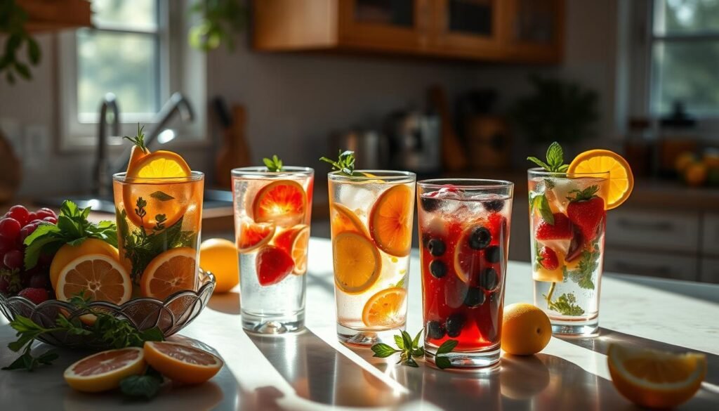 A sun-drenched kitchen counter, adorned with an array of freshly sliced fruits and herbs. Crystal clear glasses filled with vibrant infused waters, their hues ranging from vibrant citrus to earthy berries. Ambient natural lighting casts a warm, inviting glow, while the scene is captured through a wide-angle lens, showcasing the abundance of summer's bounty. The mood is one of refreshment and relaxation, inviting the viewer to indulge in these delightful non-alcoholic summer refreshers.