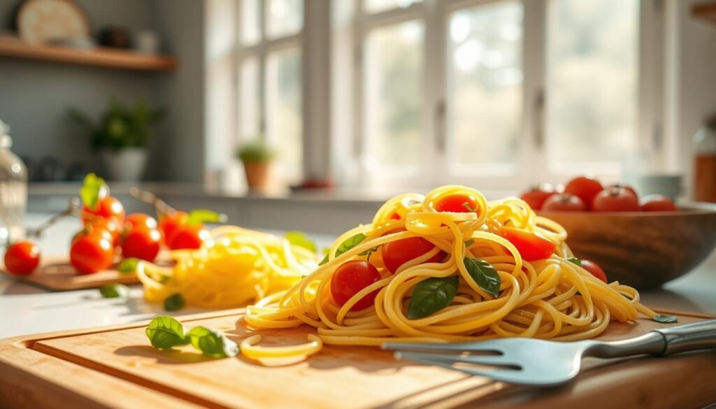A sun-drenched kitchen counter, adorned with freshly prepared capellini pasta, vibrant cherry tomatoes, fragrant basil leaves, and a drizzle of golden olive oil. The noodles, delicate and twirling, are illuminated by soft, natural light filtering through large windows, casting a warm glow on the scene. In the foreground, a wooden cutting board and a set of stainless steel utensils hint at the care and attention poured into this light, summer-inspired dish. The background blurs into a hazy, minimalist setting, allowing the vibrant colors and textures of the pasta preparation to take center stage, capturing the essence of "The Art of Light Summer Pasta".