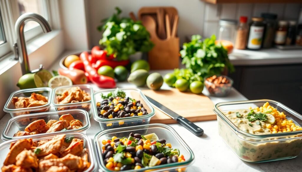 A sun-drenched kitchen counter showcases an array of fresh Mexican ingredients: vibrant chili peppers, ripe avocados, juicy limes, and bunches of cilantro. In the foreground, an assortment of meal prep containers are filled with flavorful dishes - sizzling chicken fajitas, hearty black bean and corn salad, and a creamy avocado-based sauce. Soft natural lighting illuminates the scene, creating a warm and appetizing atmosphere. The middle ground features a cutting board with a sharp knife, highlighting the prep work involved in crafting these healthy Mexican recipes. In the background, a well-stocked pantry and a collection of spices hint at the complexity of flavors to come. This image captures the essence of nourishing, flavorful Mexican cuisine prepared for easy, time-saving meal planning. A sun-drenched kitchen counter showcases an array of fresh Mexican ingredients: vibrant chili peppers, ripe avocados, juicy limes, and bunches of cilantro. In the foreground, an assortment of meal prep containers are filled with flavorful dishes - sizzling chicken fajitas, hearty black bean and corn salad, and a creamy avocado-based sauce. Soft natural lighting illuminates the scene, creating a warm and appetizing atmosphere. The middle ground features a cutting board with a sharp knife, highlighting the prep work involved in crafting these healthy Mexican recipes. In the background, a well-stocked pantry and a collection of spices hint at the complexity of flavors to come. This image captures the essence of nourishing, flavorful Mexican cuisine prepared for easy, time-saving meal planning.