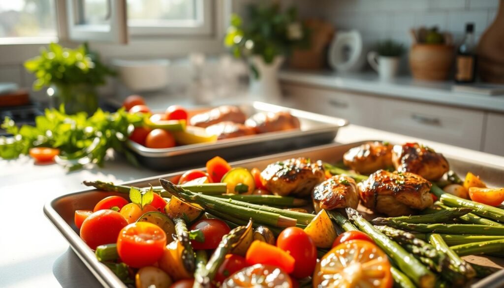 A sun-drenched kitchen countertop, adorned with an array of fresh, seasonal ingredients. In the foreground, a bountiful sheet pan filled with an assortment of roasted vegetables - vibrant zucchini, juicy tomatoes, and crisp asparagus spears, drizzled with a light, herbal vinaigrette. In the middle ground, a tray of succulent, marinated chicken thighs, sizzling under the warm glow of a natural light source. The background features an open window, allowing a gentle breeze to waft through, creating a serene, summery atmosphere. The overall scene conveys a sense of effortless, wholesome nourishment, perfect for a laid-back, al fresco dinner on a balmy evening.
